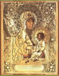Ware afbeelding van het wonderbaarlijke Russische Molchenskaja-icoon van de Heilige Moeder Gods. 1405, Poetyvl. Bevindt zich in het Molchenskaja vrouwenklooster (oblast Soemy)
